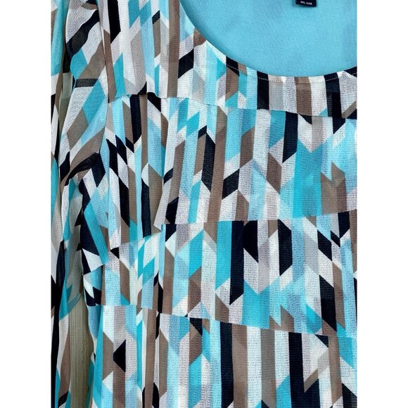 Alfani Size 1X Turquoise Tan Black Geometric Print Tiered Layered Tunic Top - Picture 4 of 7